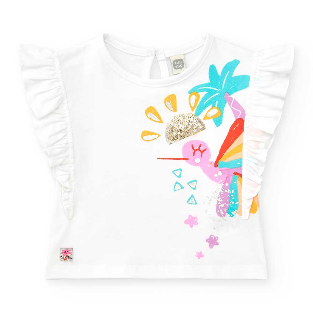 T-Shirt aus der Bekleidungslinie Tuc Tuc Bambina, mit buntem Druck auf der Vorderseite und Applik...