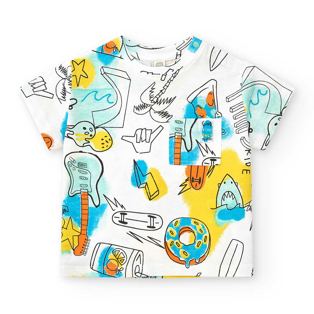 Tuc Tuc Children's Clothing Line T-shirt, with multicolor pattern and snap buttons on the shoulde...