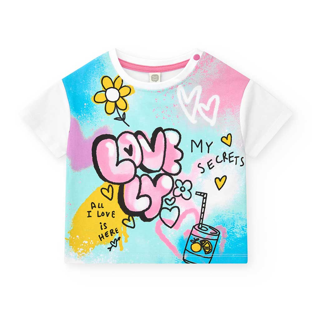 Boxi-T-Shirt aus der Tuc Tuc Girls' Clothing Line mit Druckknöpfen am Schultergurt und buntem Dru...