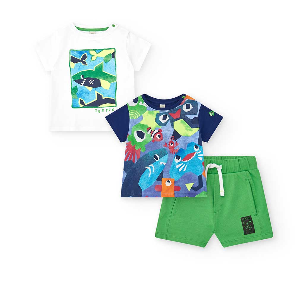 Completo tre pezzi della Linea Abbigliamento Bambino Tuc Tuc, con bermuda  a tinta unita e due t-...