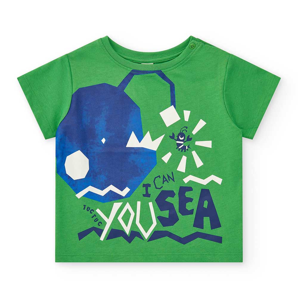 T-Shirt aus der Tuc Tuc Kids' Clothing Line, mit Druckknöpfen am Schultergurt und buntem Druck au...