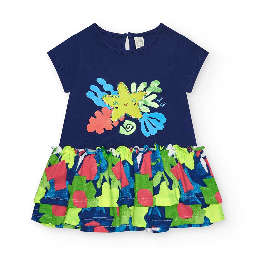 Kleines Jersey-Kleidchen aus der Kinderbekleidungslinie Tuc Tuc, mit Volantrock in Neonfarben. Un...