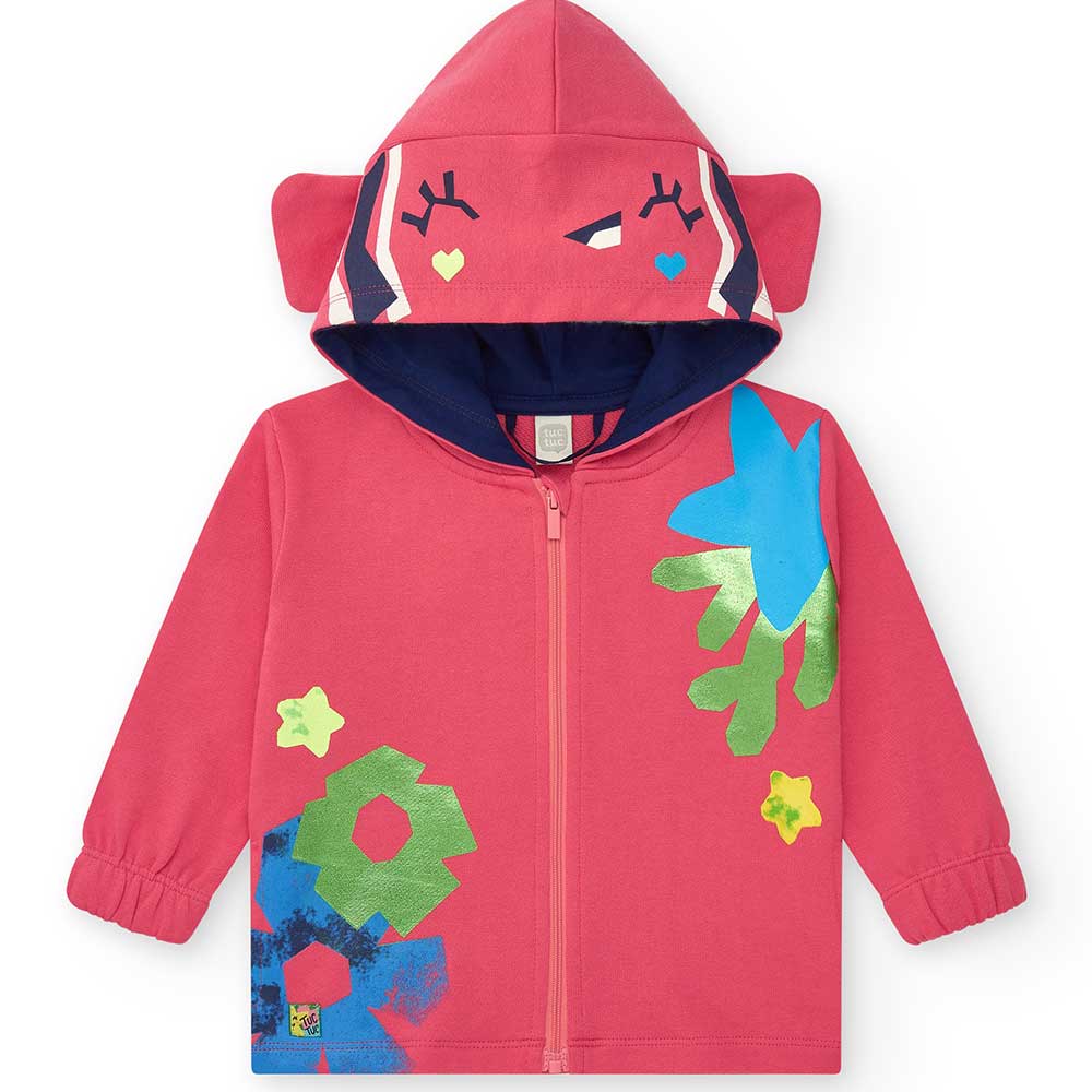 Felpa della Linea Abbigliamento Bambina Tuc Tuc, con cappuccio e tasche laterali. Stampe colorate...