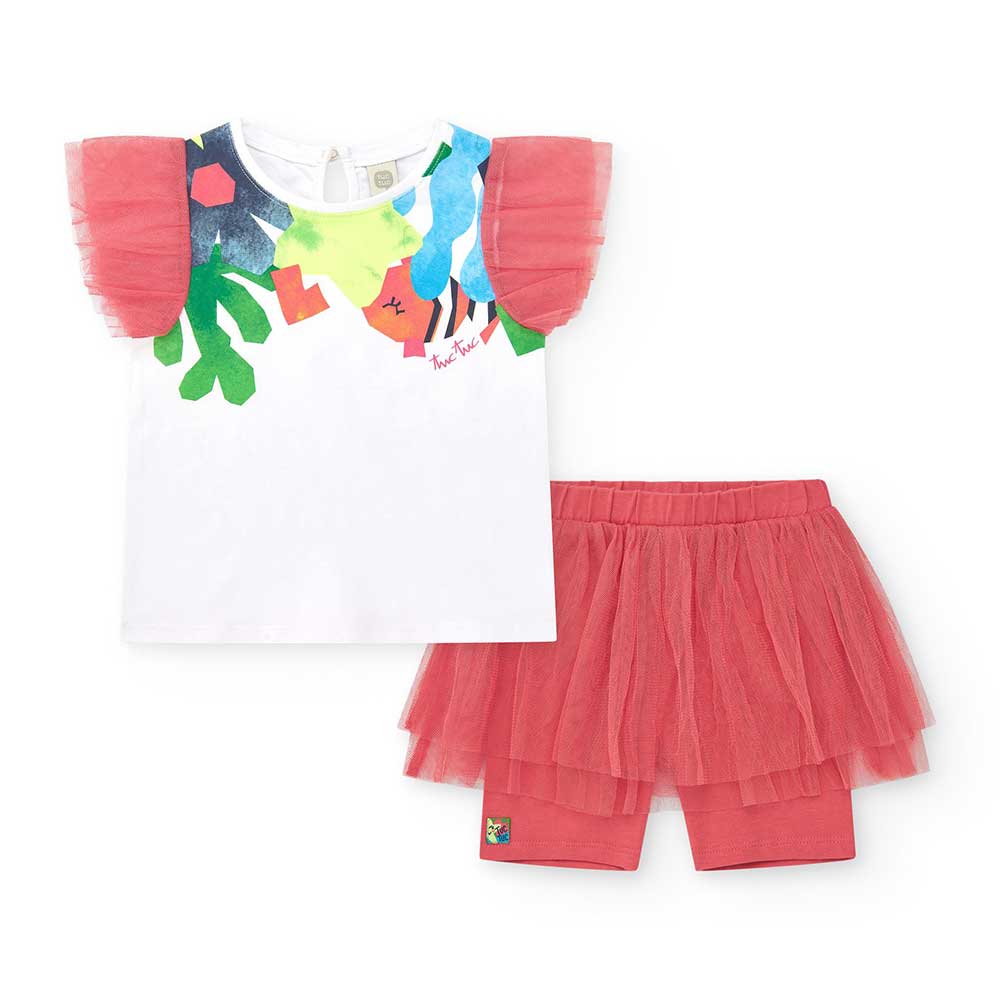 Zweiteiliges Outfit aus der Bekleidungslinie Tuc Tuc Bambina, mit tüllverziertem Oberteil an den ...