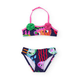 Costume da bagno bikini per bambina con motivi marini e fiori decorativi.