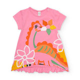 Abito jersey rosa con stampato dinosauro e dettagli floreali