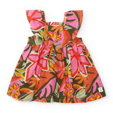 Abito floreale per bambina con spalline e volants in colori vivaci.