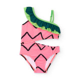 Costume da bagno per bambina, rosa con dettagli in verde e design vivace.