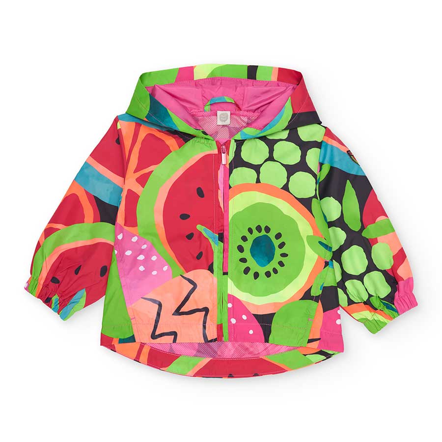 Windjacke der Tuc Tuc Kinderbekleidungslinie mit buntem Fruchtmotiv, Innennetzfutter und Kapuze.
...