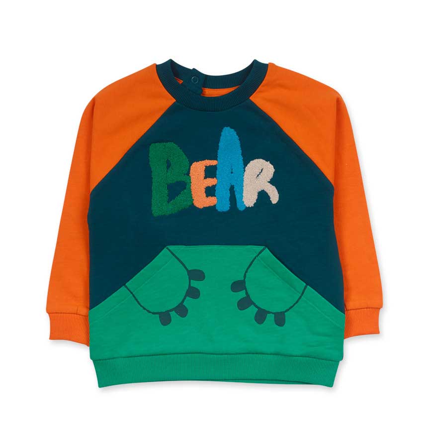Sweatshirt aus der Tuc Tuc Baby Clothing Line, mit leuchtenden Farben und Bärentatzenmotiv auf de...