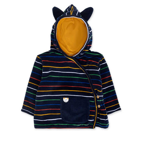 Parka in velluto blu con cappuccio e righe colorate, adatto per bambini.