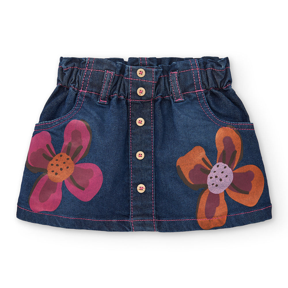 Glocke aus Jeans der Kinderbekleidungslinie Tuc Tuc, mit Knöpfen vorne und Blumendrucken an den S...