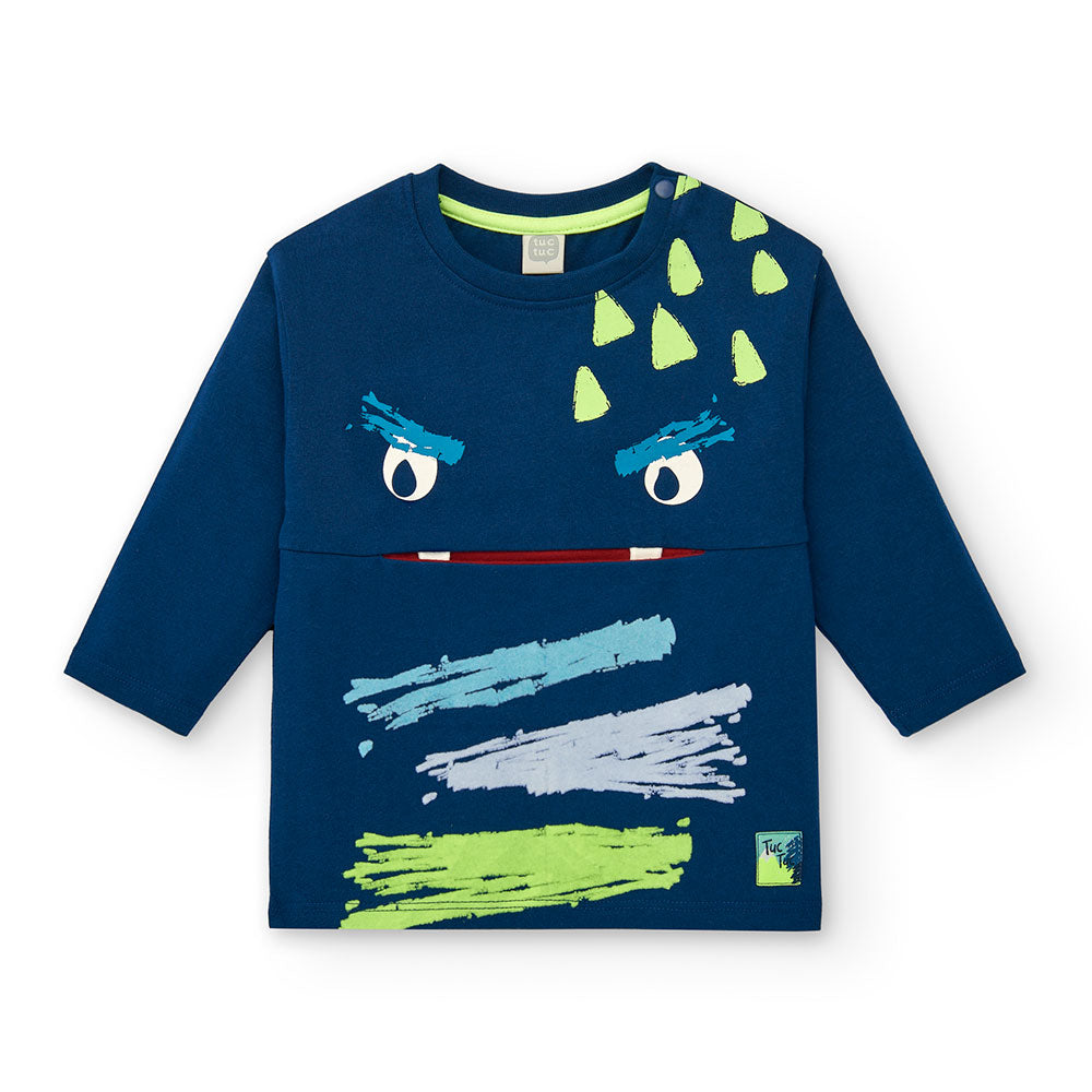 T-Shirt aus der Tuc Tuc Kids' Clothing Line, mit buntem Aufdruck auf der Vorderseite und Mundtasc...