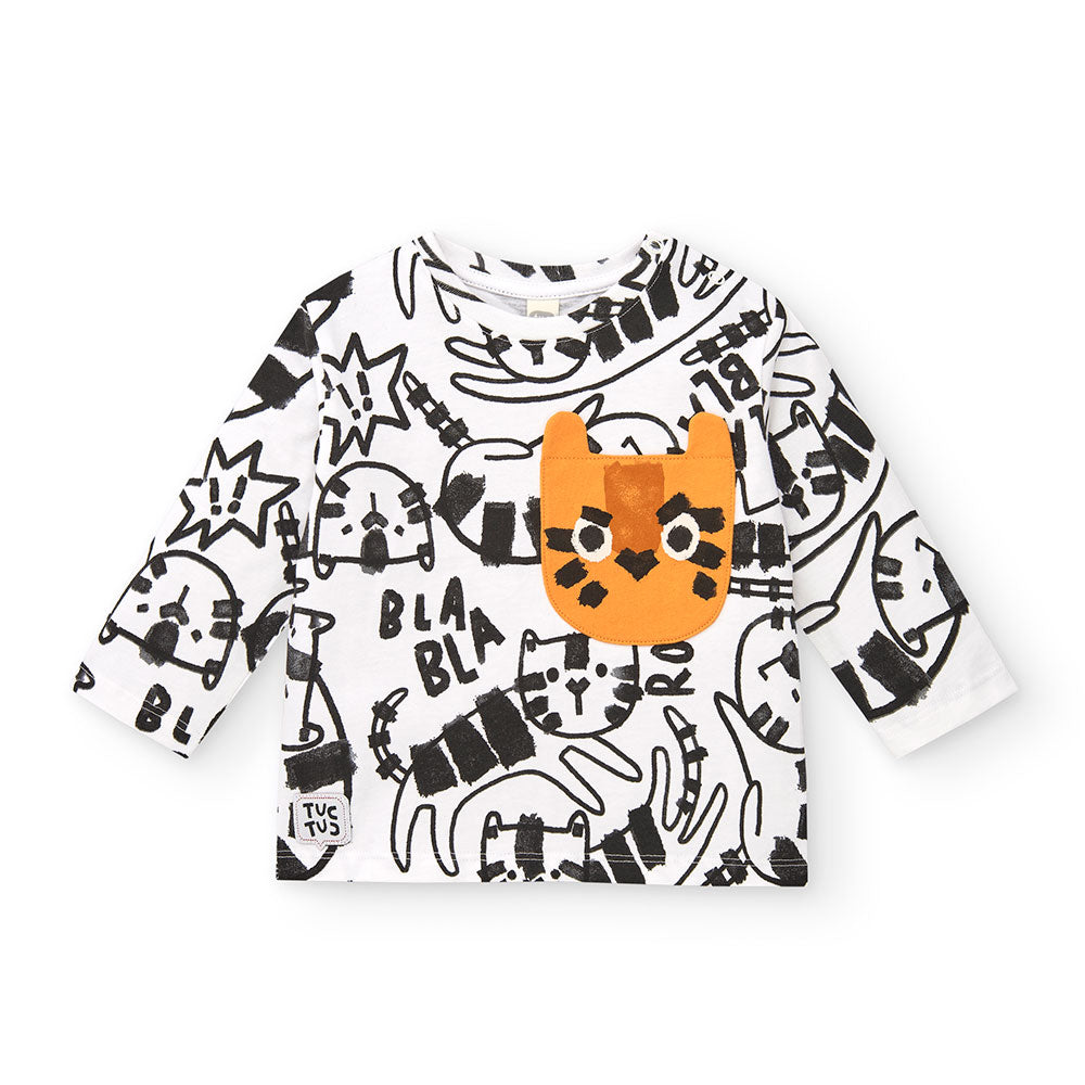 T-Shirt aus der Tuc Tuc Kinderbekleidungslinie, mit schwarz-weißem Allover-Cartoon-Muster.
 
Zusa...