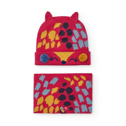 Set di cappello e sciarpa tricot per bambina, colorato con orecchie e pompon.