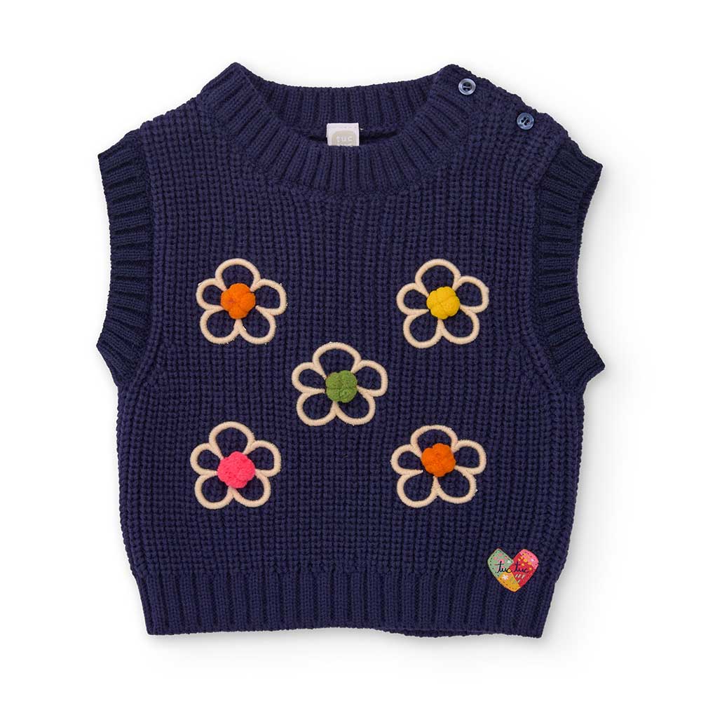 Gestrickte Weste aus der Kinderbekleidungslinie Tuc Tuc, mit mehrfarbigen Blumenapplikationen auf...