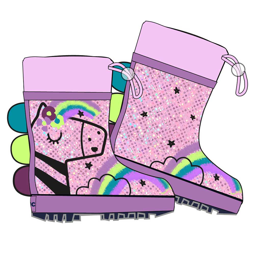 Gummistiefel aus der Kinderbekleidungslinie Tuc Tuc, mit Einhornmotiven und Glitzerdetails.
 Zusa...