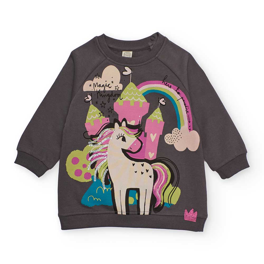 Dress from the Tuc Tuc Girls' Clothing Line, with a sweatshirt model featuring a colorful print o...