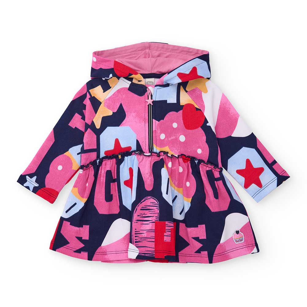 Abitino della Linea Abbigliamento Bambina Tuc Tuc, in felpa con cappuccio, gonna ampia e fantasia...