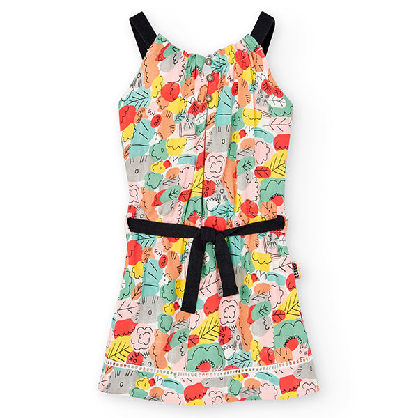 
Kleines Kleid aus der Boboli-Kinderbekleidungslinie, mit Trägern und Taillenriemen. Buntes Blume...