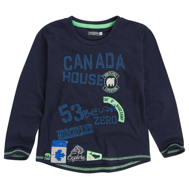 
  Langärmliges T-Shirt aus der Canada House Kinderbekleidungslinie mit Aufdruck
  vorne kontrast...