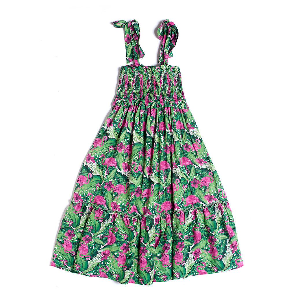 
Kleid aus der Fracomina Girls' Clothing Line, mit elastischem Oberteil und tropischem Allover-Mu...