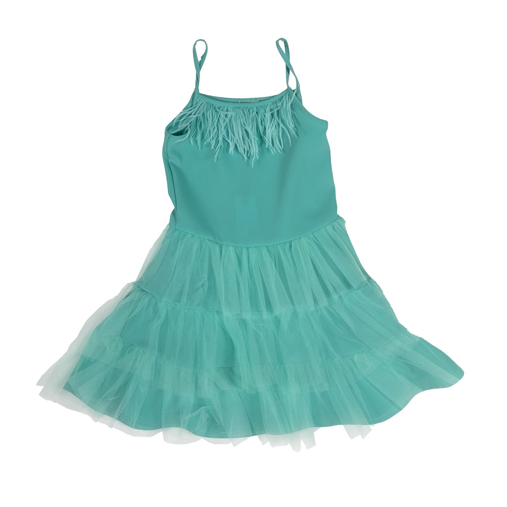 
Elegantes Kleid aus der Kindermodelinie Fracomina, mit Federn am Ausschnitt und Tüll am Rock.

Z...
