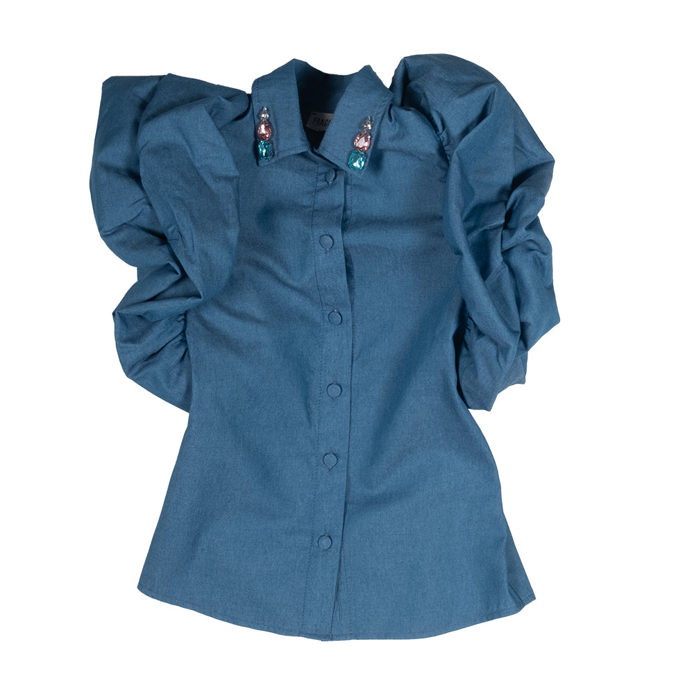 
Elegante Bluse aus der Fracomina Kinderbekleidungslinie, in Jeans, mit Schmetterlings-Schulterär...