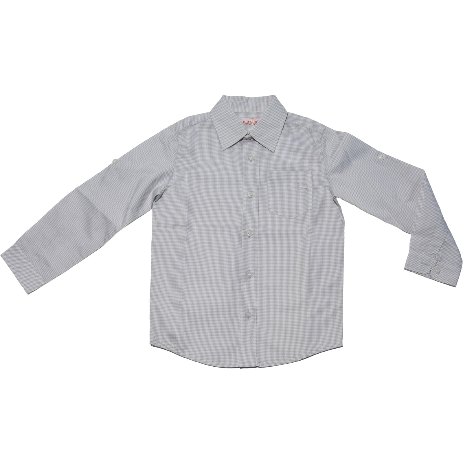 
  Langarmhemd aus der Mirtillo Kinderkleidungslinie, grau auf weißem Mikroquadratmuster mit Tasc...