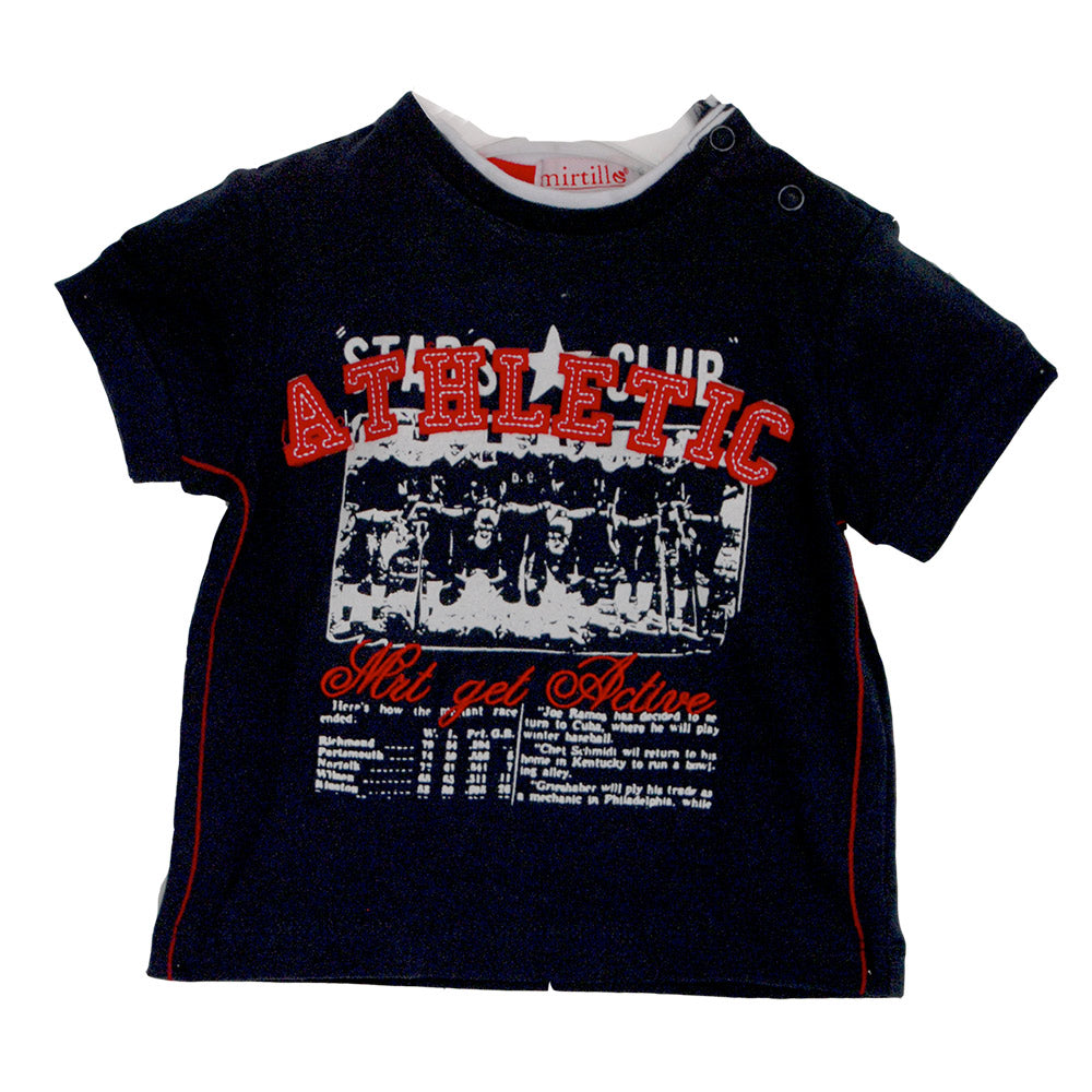 
  T-Shirt aus der Mirtillo Kinderkleidungslinie. Einfarbig mit Druck und Anwendung
  in Kontrast...