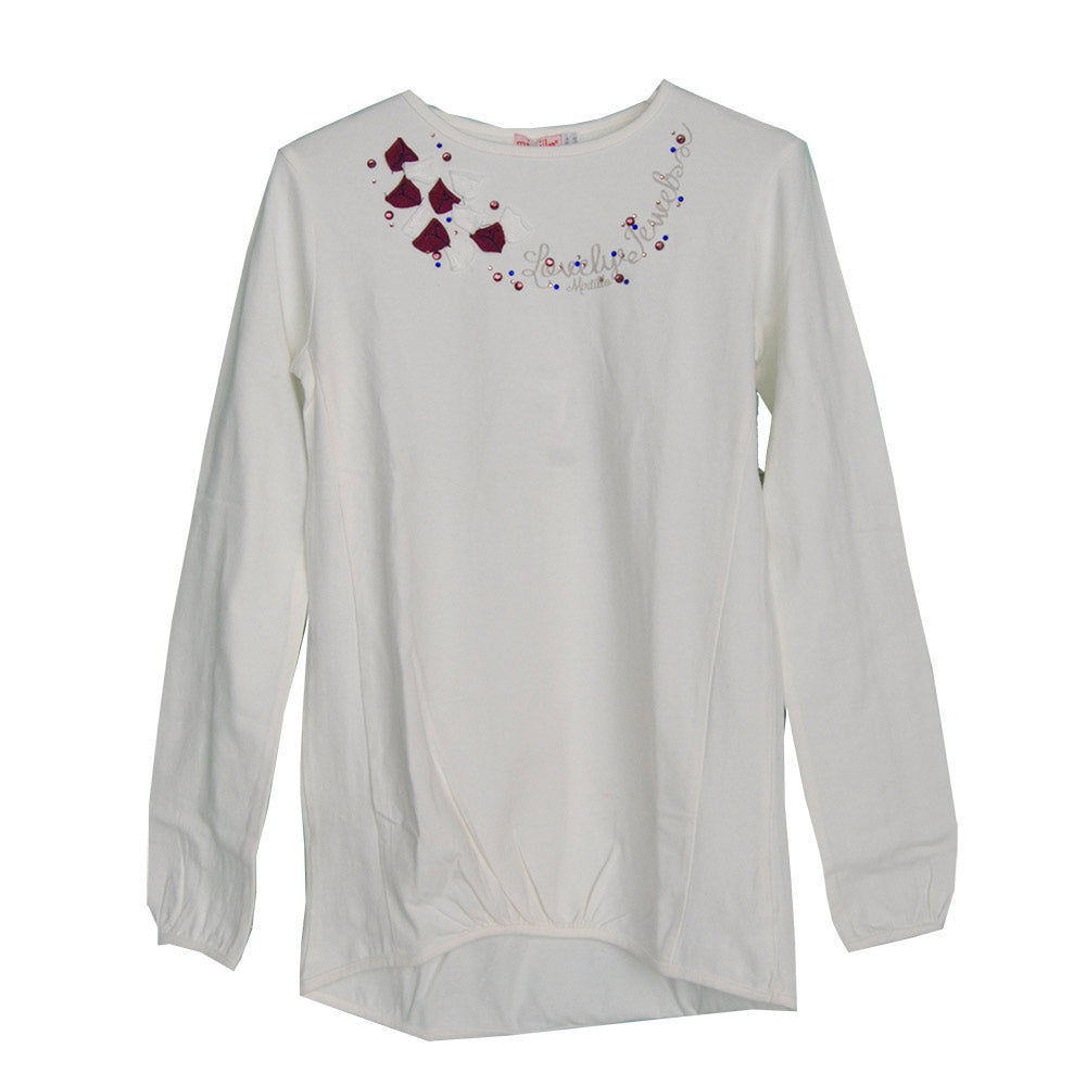 
  Asymmetrisches T-Shirt aus der Mädchenkollektion Mirtillo. Einfarbig. Sullo
  Ausschnittapplik...