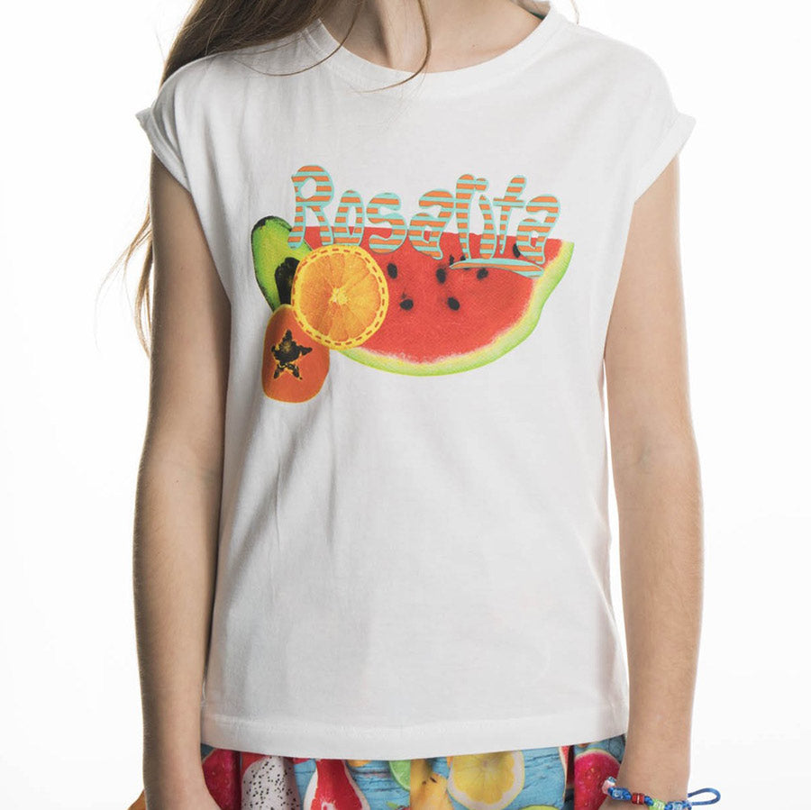 
  T-Shirt aus der Mädchenkleidungslinie Rosalita Senoritas mit buntem Aufdruck
  auf der Vorders...