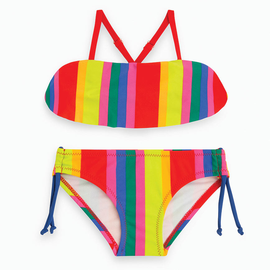 
  Bikini-Badeanzug aus der Beachwear-Linie des Tuc Tuc-Mädchens mit mehrfarbigem Muster und Vola...