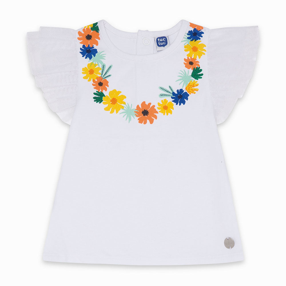 
  T-Shirt aus der Tuc Tuc Girl's Clothing Line mit Tüllärmeln und Designs
  farbig auf der Vorde...