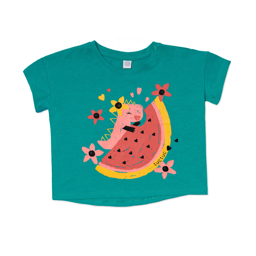 T-Shirt aus der Tuc Tuc Children's Clothing Line, mit farbigem Aufdruck auf der Vorderseite und D...