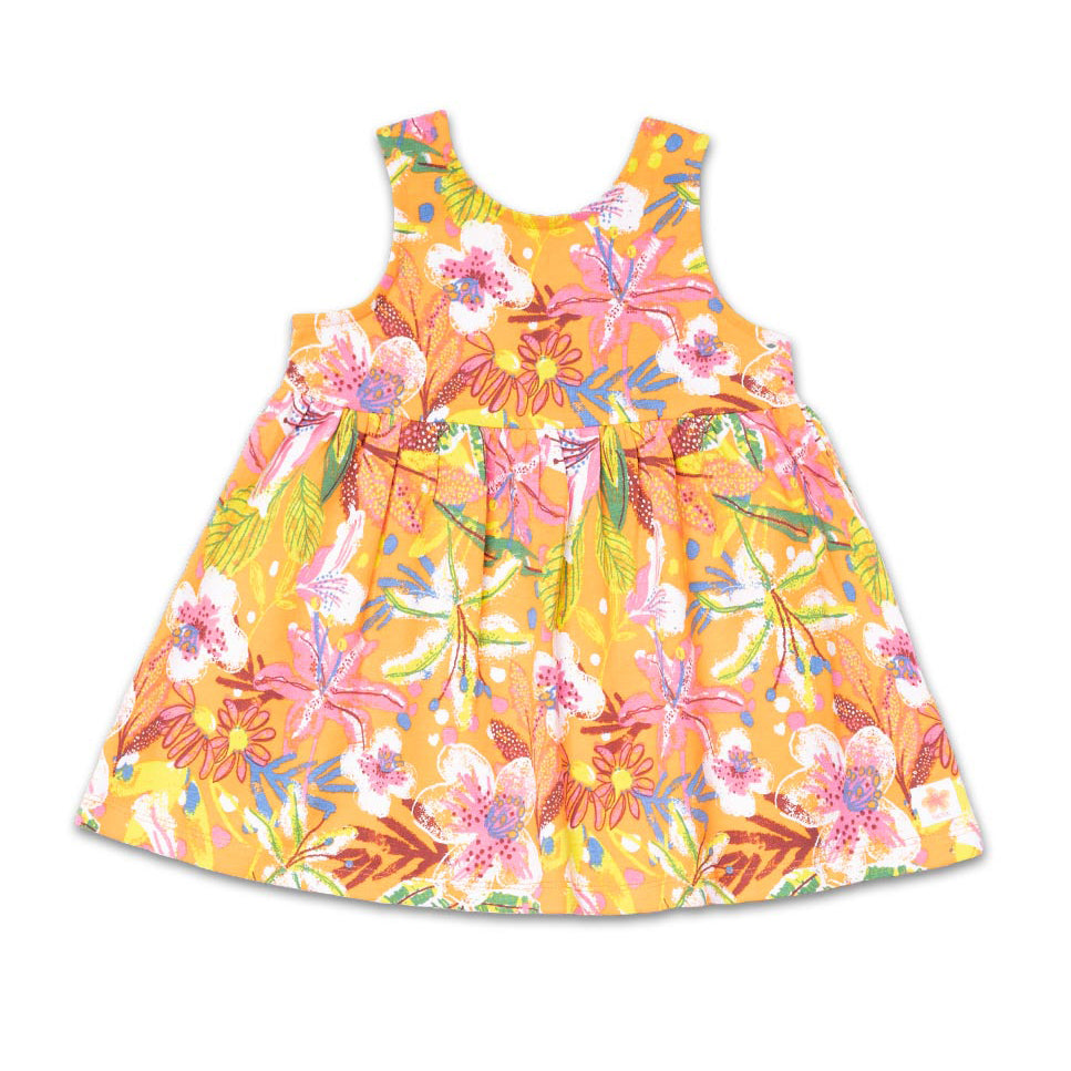 Jerseykleid aus der Tuc Tuc Children's Clothing Line, mit tropischem Blumenmuster auf orangefarbe...