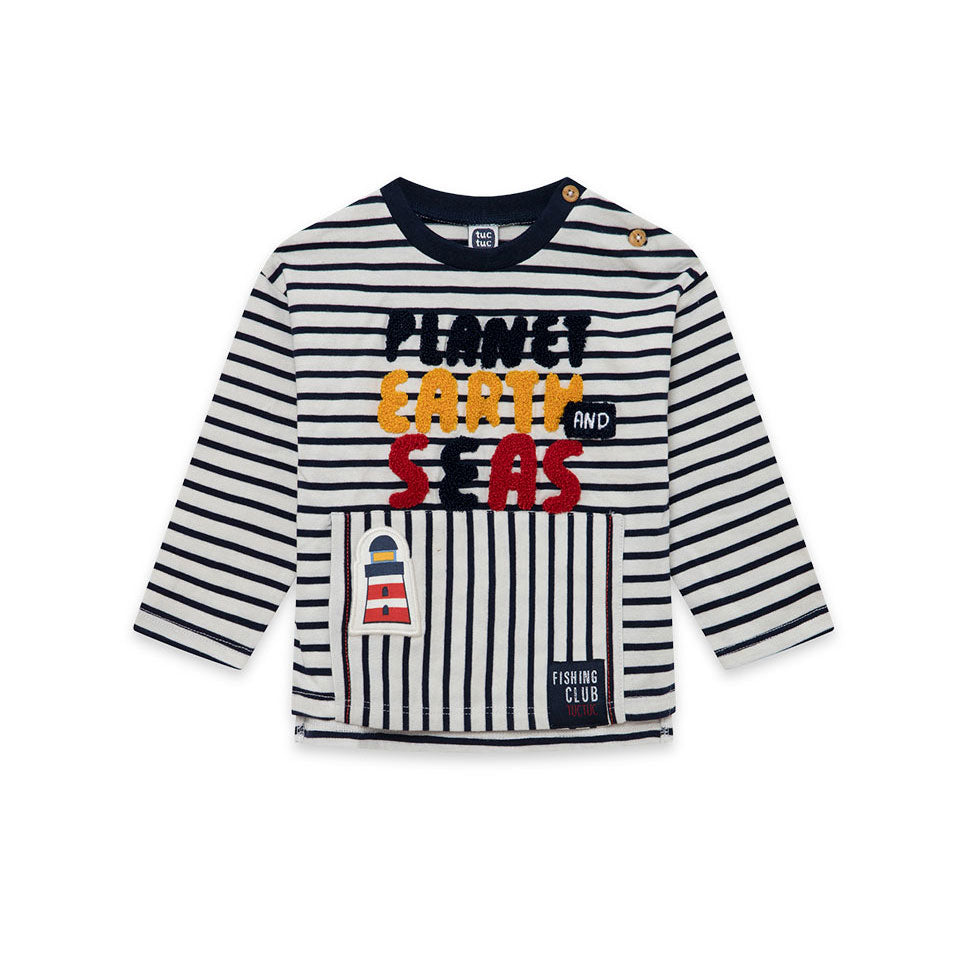 
T-Shirt aus der Tuc Tuc Childrenswear Line, mit Streifenmuster und mehrfarbigem Bouclé-Schriftzu...