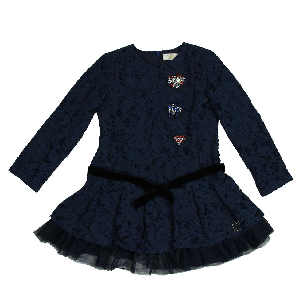 
  Kleid aus der Via delle Perle Mädchenbekleidungslinie in Volltonfarbe, aus Spitze
  mit Tüll V...